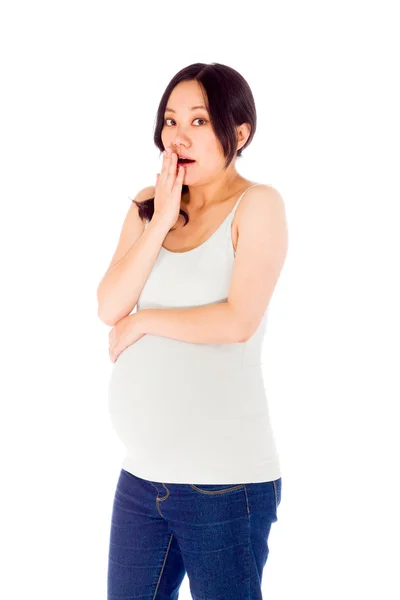 Pregnant woman covering mouth because of  mistake — Stock Photo, Image