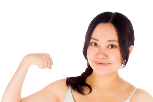 Pregnant woman shows her biceps — Stock Photo, Image