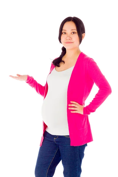 Pregnant woman presenting showcasing — Stock Photo, Image