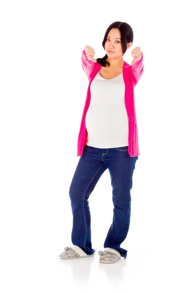 Pregnant woman gesturing thumbs down — Stock Photo, Image