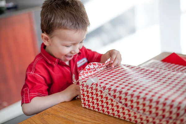 Nadšení malého chlapce otevírání svůj dárek k narozeninám — Stock fotografie
