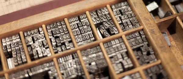 Close-up of metal letterpress letters in printing machine — Stock Photo, Image