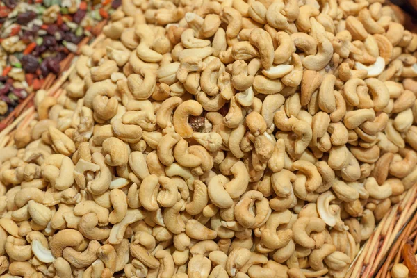 Cashew nuts for sale at a market stall, La Boqueria Market, Barcelona, Catalonia, Spain — Stock Photo, Image