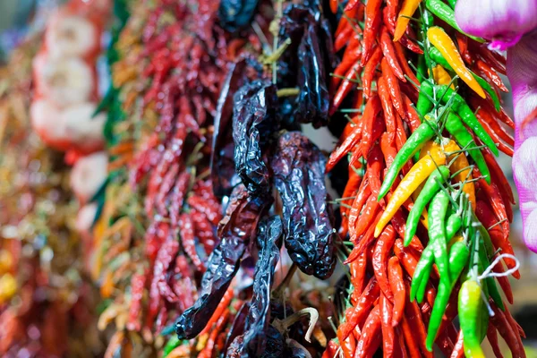 Rows of chilli peppers at market — Stock Photo, Image