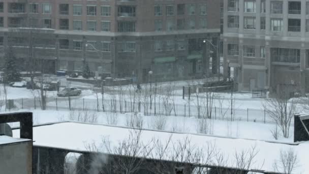 Menschen arbeiten im Schnee in der Innenstadt — Stockvideo