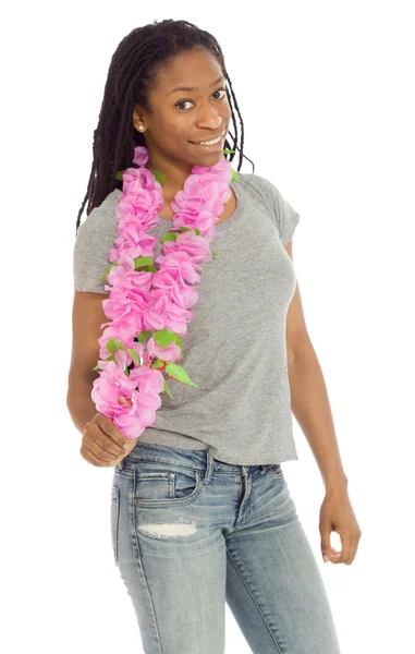 Modelo com guirlanda floral rosa — Fotografia de Stock
