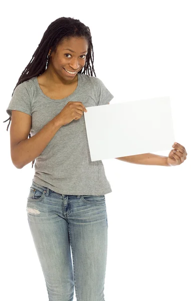 Model holds empty board sign — Stock Photo, Image
