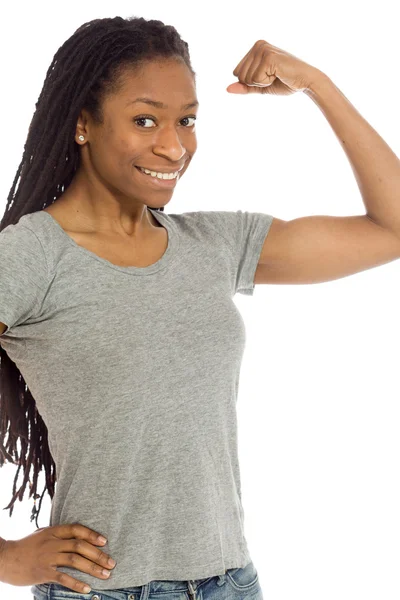 Strong Model shows arm curl — Stock Photo, Image