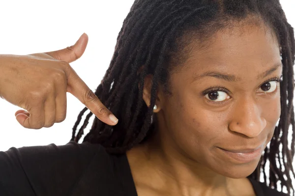 Model pointing to herself — Stock Photo, Image