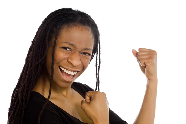 Model cheerful with fists up — Stock Photo, Image