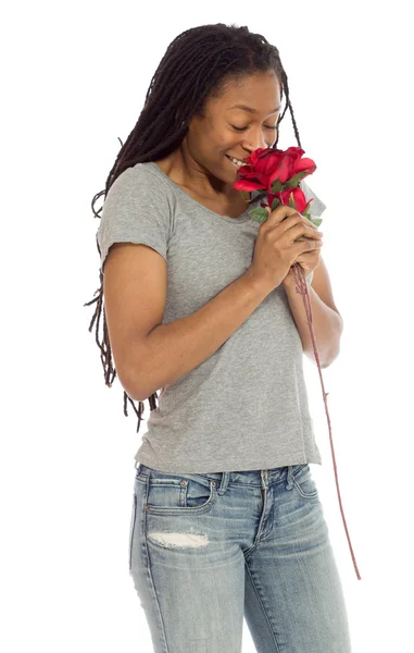 Model smells red rose Royalty Free Stock Images