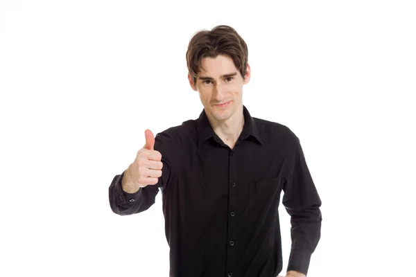 Model gesturing thumb up sign — Stock Photo, Image