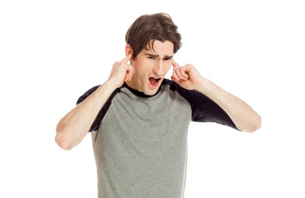 Model plugging ears by fingers — Stock Photo, Image