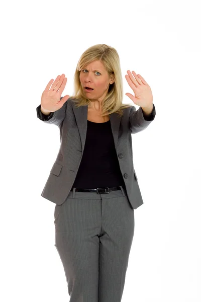 Model gesturing stop sign with hands — Stock Photo, Image