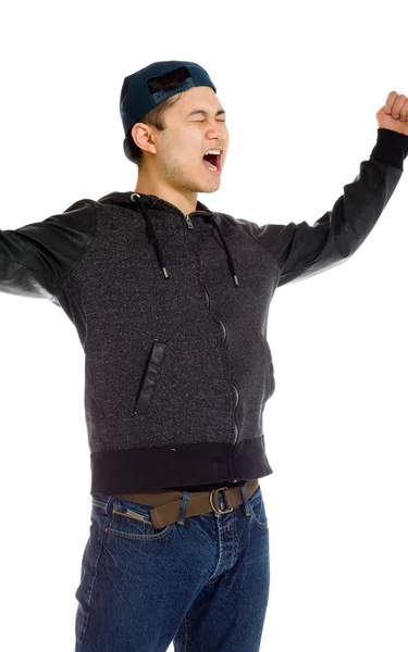 Happy Model with arms in the air — Stock Photo, Image