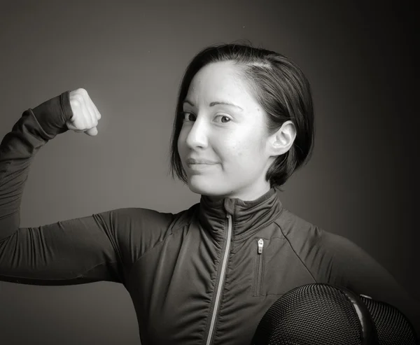 Female fencer showing off her muscle — Stock Photo, Image