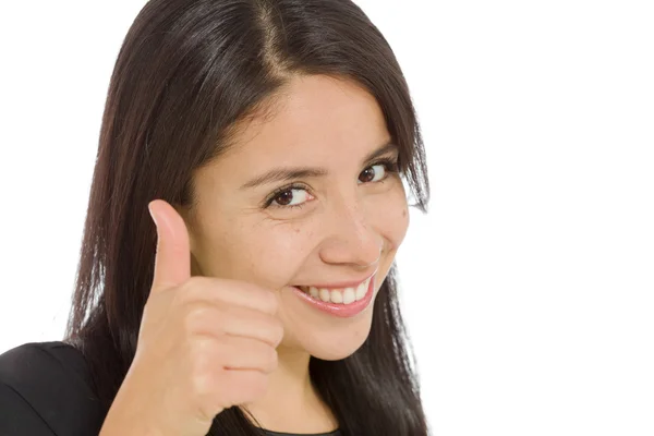 Model gesturing thumb up sign — Stock Photo, Image