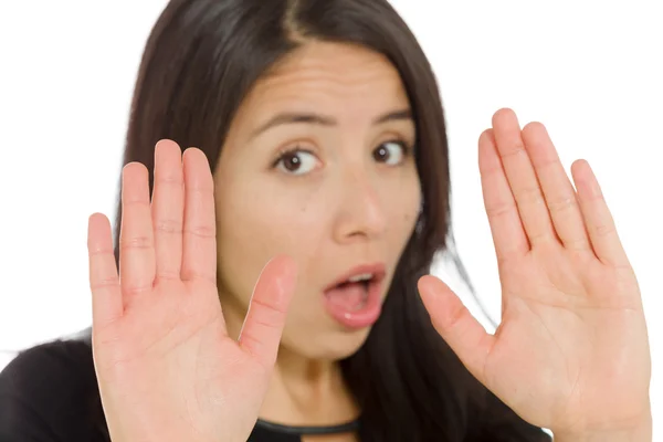 Model gesturing stop sign with hands — Stock Photo, Image