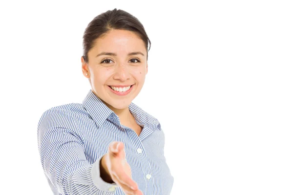 Model greeting with hand shake — Stock Photo, Image
