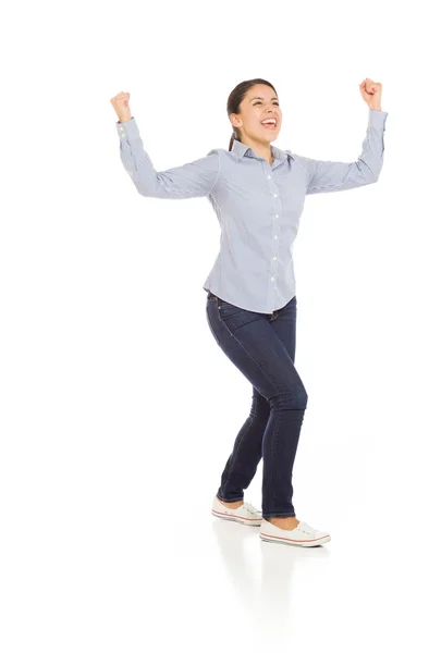 Model happy raised arms in the air — Stock Photo, Image