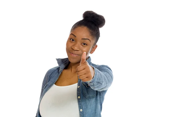 Model gesturing thumb up sign — Stock Photo, Image