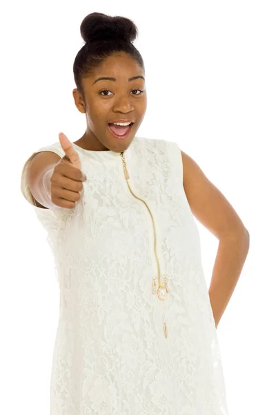 Model gesturing thumb up sign — Stock Photo, Image