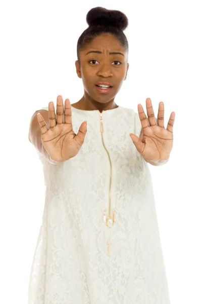 Model gesturing stop sign with hands — Stock Photo, Image