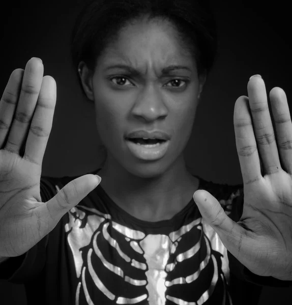 Model gesturing stop sign with hands — Stock Photo, Image