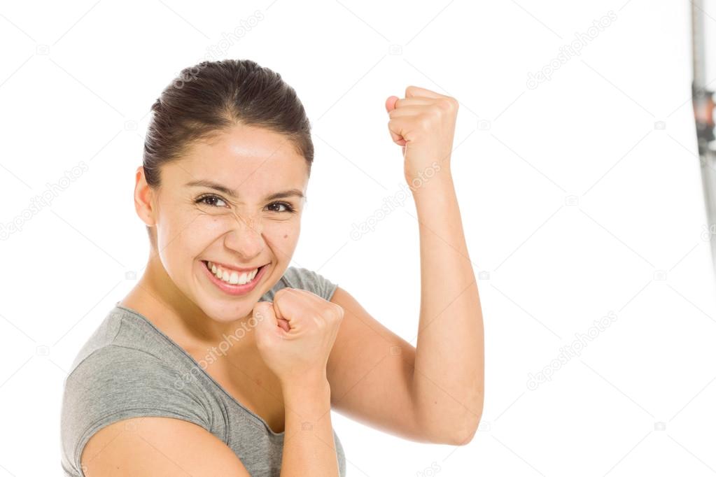Model cheerful with fists up