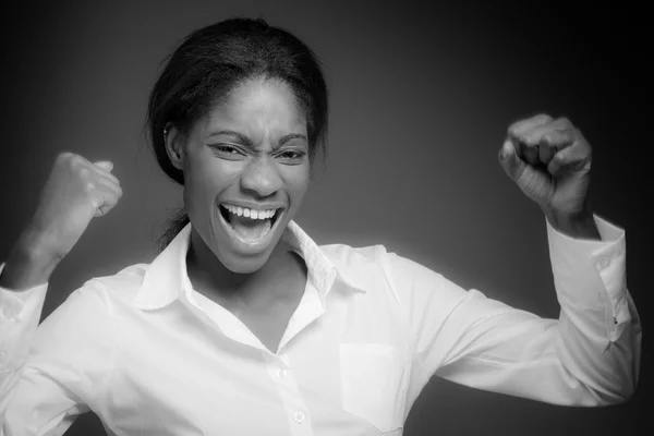 Model cheerful with fists up — Stock Photo, Image