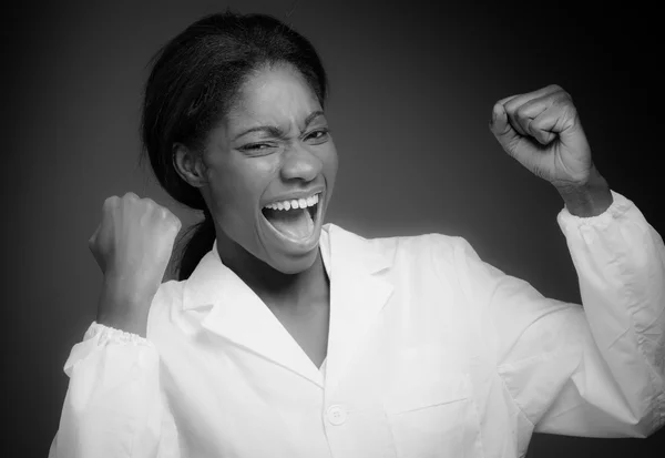 Model cheerful with fists up — Stock Photo, Image