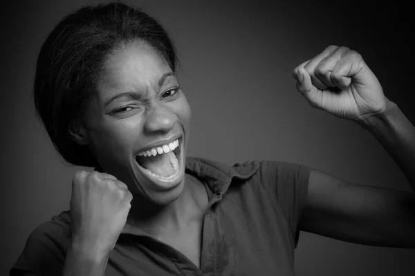 Model cheerful with fists up — Stock Photo, Image