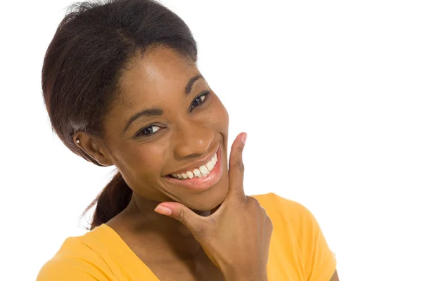 Model confident with hand on chin — Stock Photo, Image