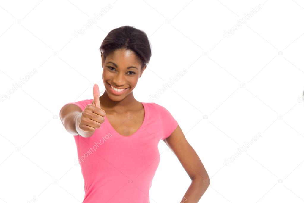 Model gesturing thumb up sign