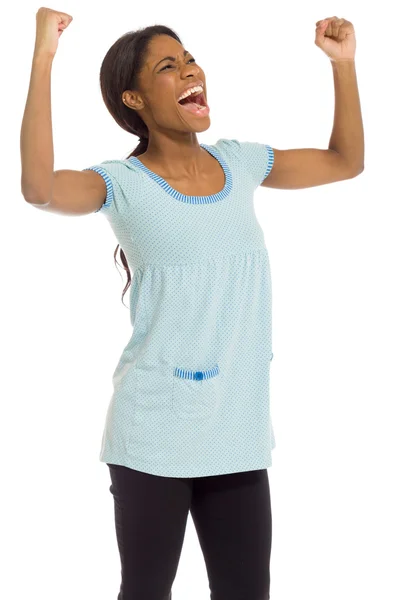 Model happy raised arms in the air — Stock Photo, Image