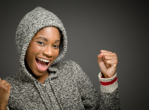 Model cheerful with fists up — Stock Photo, Image