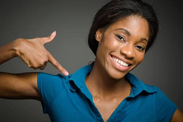 Model pointing to herself — Stock Photo, Image