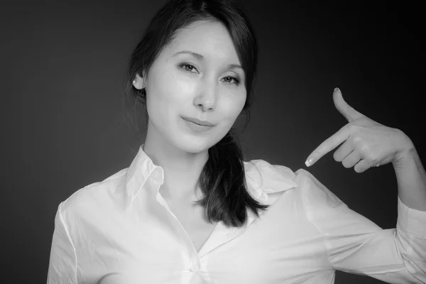 Model pointing to herself — Stock Photo, Image