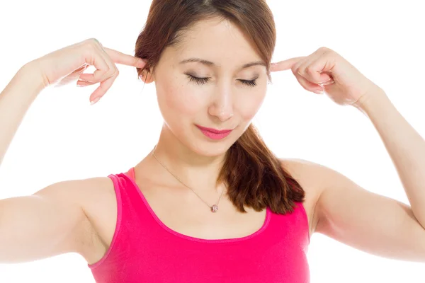 Model plugging ears with fingers — Stock Photo, Image