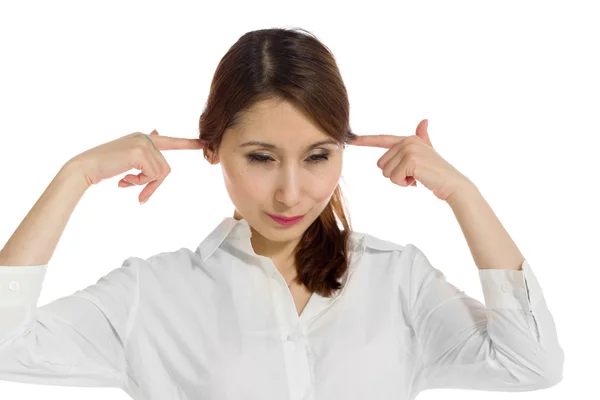 Model plugging ears with fingers — Stock Photo, Image