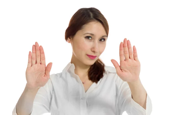 Model gesturing stop sign with hands — Stock Photo, Image