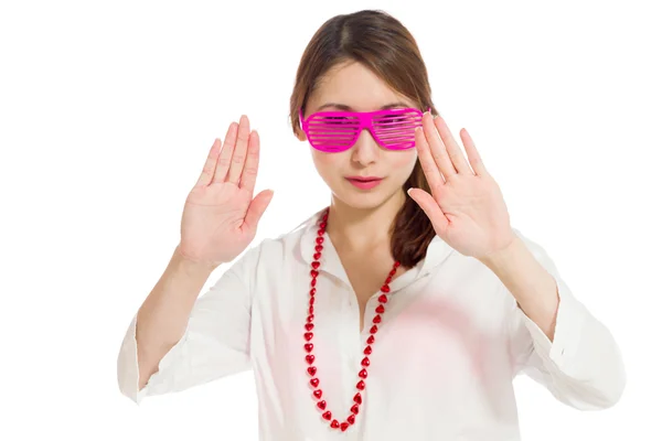 Model gesturing stop sign with hands — Stock Photo, Image