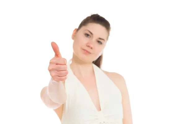 Model gesturing thumb up sign — Stock Photo, Image