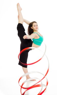 Jimnastik bir kasetle jimnastikçi ısıtır