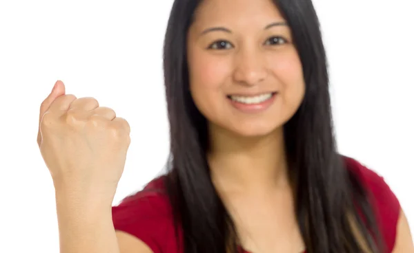 Model triumph victory with fist up — Stock Photo, Image