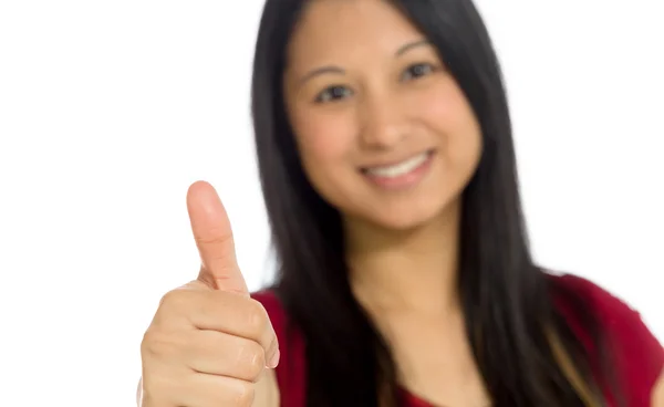 Model gesturing thumb up sign — Stock Photo, Image