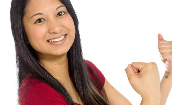 Model cheerful with fists up — Stock Photo, Image