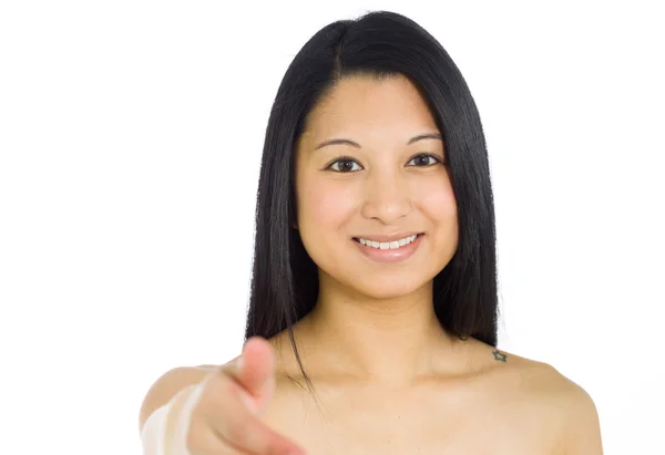 Model greets with handshake sign — Stock Photo, Image