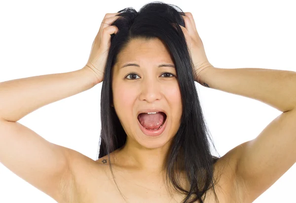 Stressed model pulling hairs — Stock Photo, Image