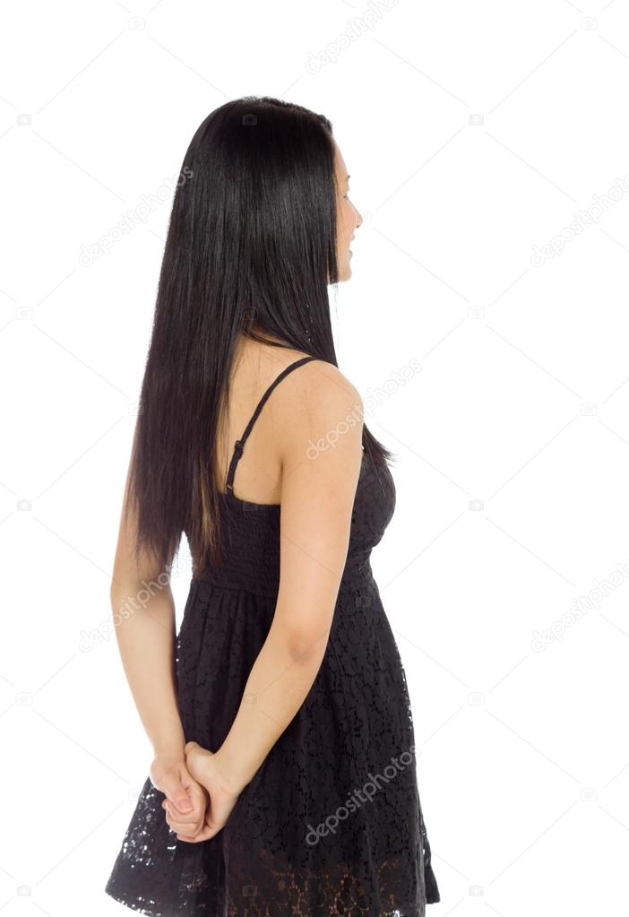 Model looking from behind
